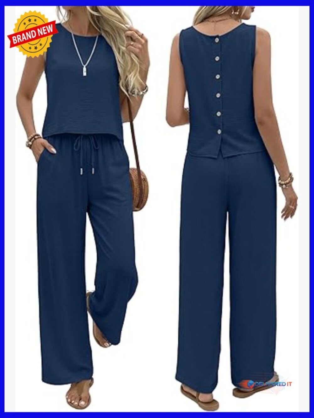 Two Piece Lounge Set - Button Back Tank & Flowy Pants - Women's Vacation Outfit